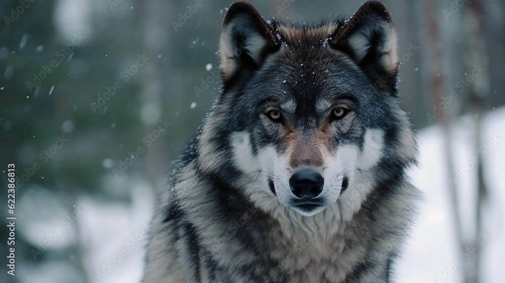 AI generated illustration of a powerful majestic wolf in a snowy forest AI generated illustration of a powerful majestic wolf in a snowy forest