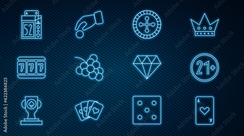 Set line Playing card with heart, 21 plus, Casino roulette wheel, slot machine grape, Slot lucky sevens, Deck of playing cards, Diamond and Hand holding casino chips icon. Vector Set line Playing card with heart, 21 plus, Casino roulette wheel, slot machine grape, Slot lucky sevens, Deck of playing cards, Diamond and Hand holding casino chips icon. Vector