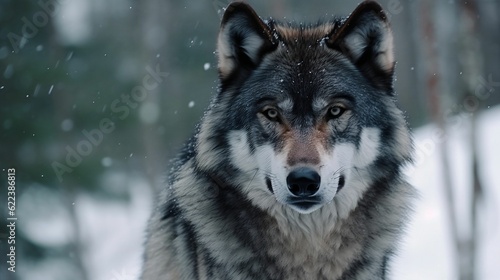 AI generated illustration of a powerful majestic wolf in a snowy forest