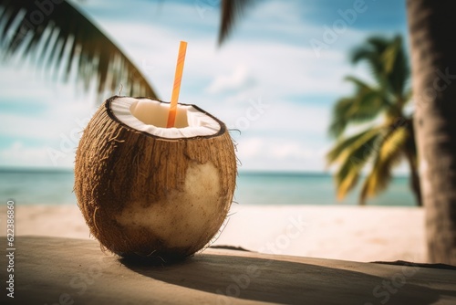 coconut drink at the beach, Photographic Capture of a Fresh Iced Coconut Cocktail, Coconut on a Wooden Table at the Beach, Surrounded by Palms and Bathed in Summer Sunshine