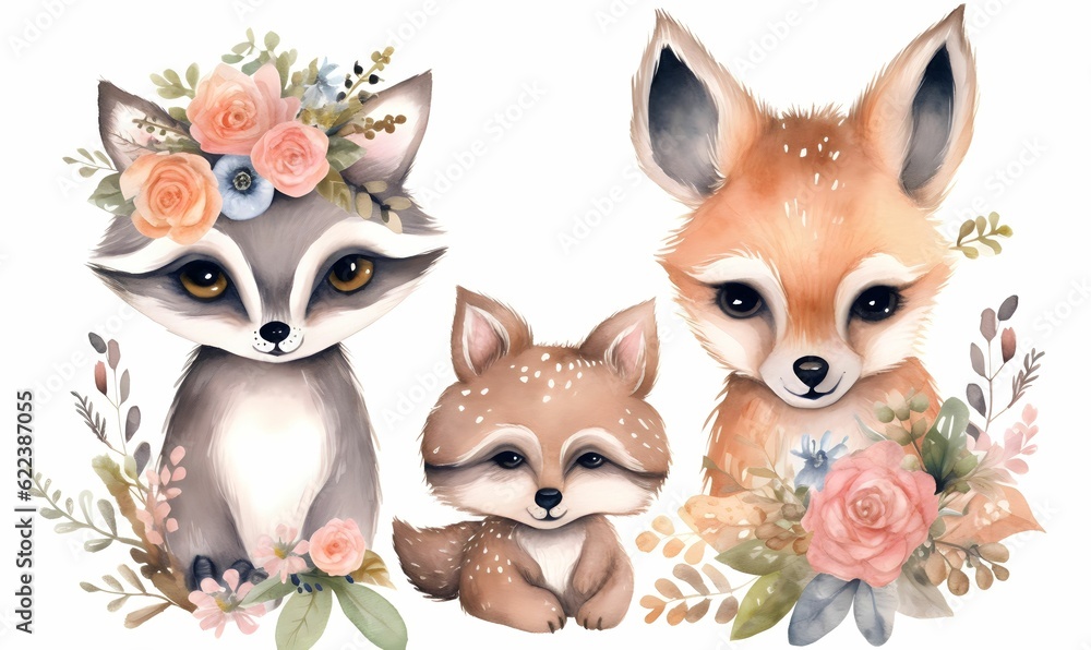 AI-generated illustration of a watercolor painting of cute foxes with vibrant flowers. AI-generated illustration of a watercolor painting of cute foxes with vibrant flowers.