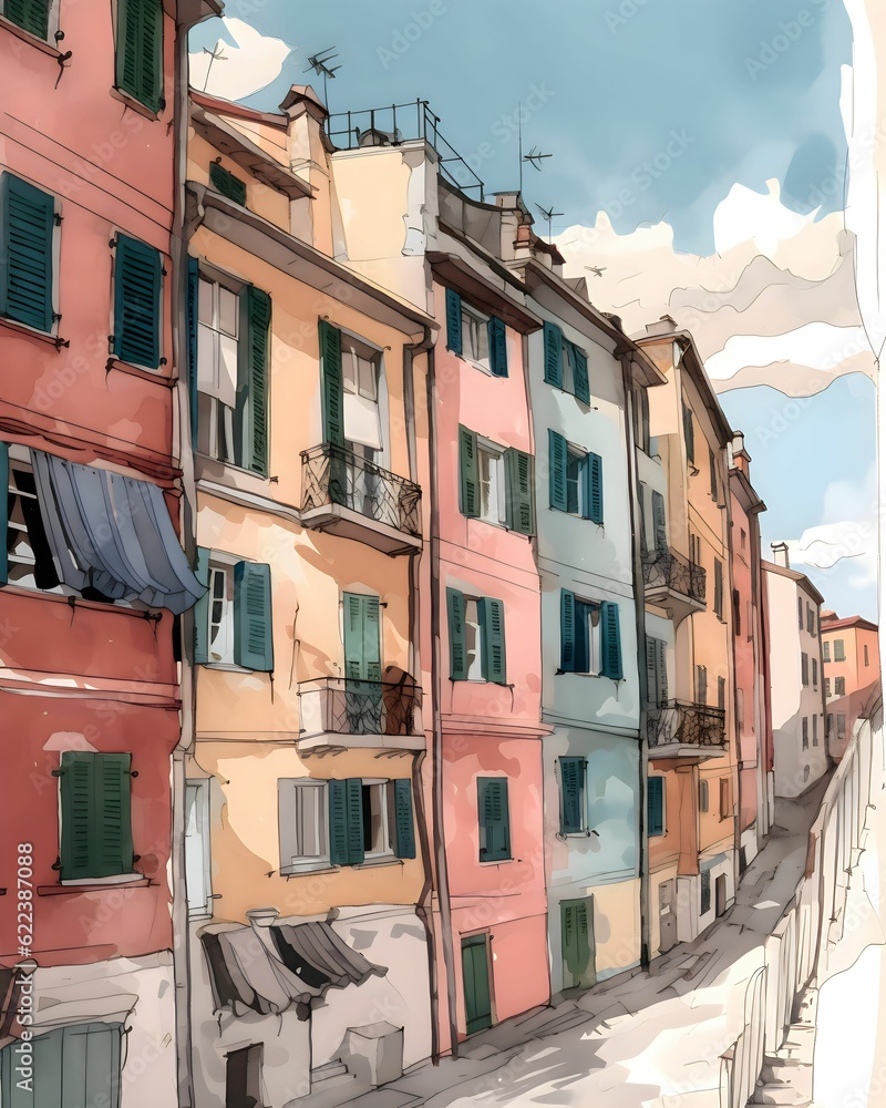AI-generated illustration of a watercolor painting of a picturesque street in an old town.