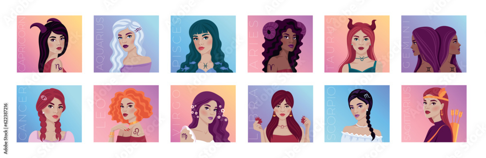 Set of Vector illustrations of the zodiac symbol. Illustrations of the astrological sign as beautiful girls. Set of Vector illustrations of the zodiac symbol. Illustrations of the astrological sign as beautiful girls.