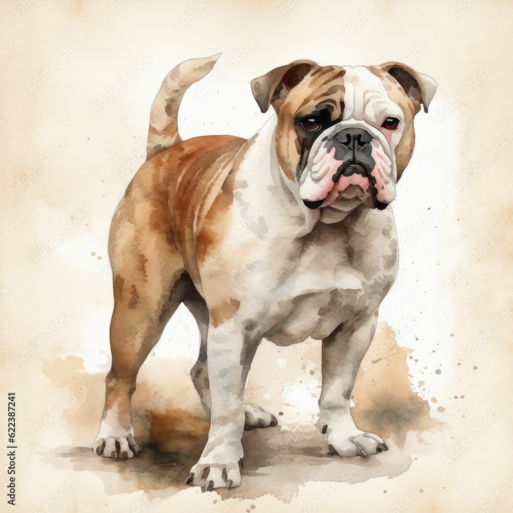 AI generated illustration of a painting of an English bulldog in watercolor on a beige background