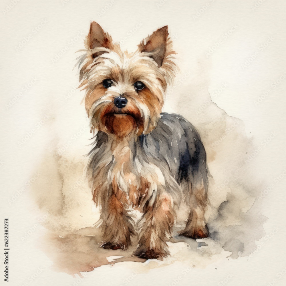 AI generated illustration of a painting of an adorable Yorkshire terrier in watercolor