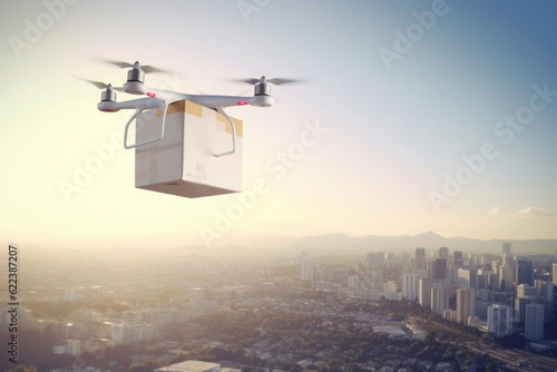 drone carry package, Photographic Capture of a White Drone Carrying a Package against the Cityscape Background, Embracing the Summer's Sunny Light and the Seamless Connection of Skyline and Technology