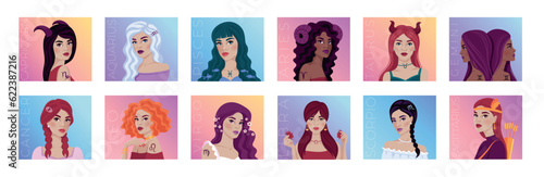Set of Vector illustrations of the zodiac symbol. Illustrations of the astrological sign as beautiful girls.