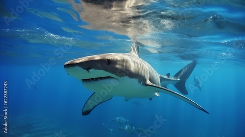 AI generated illustration of a large shark gliding through the depths of the ocean  its sleek body