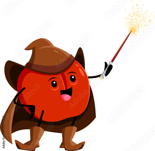 Cartoon red apple fruit wizard or magician character. Vector necromancer personage with magic wand. Funny wiz in brown cape and hat with playful smiling face. Cute sorcerer garden fruit, healthy food