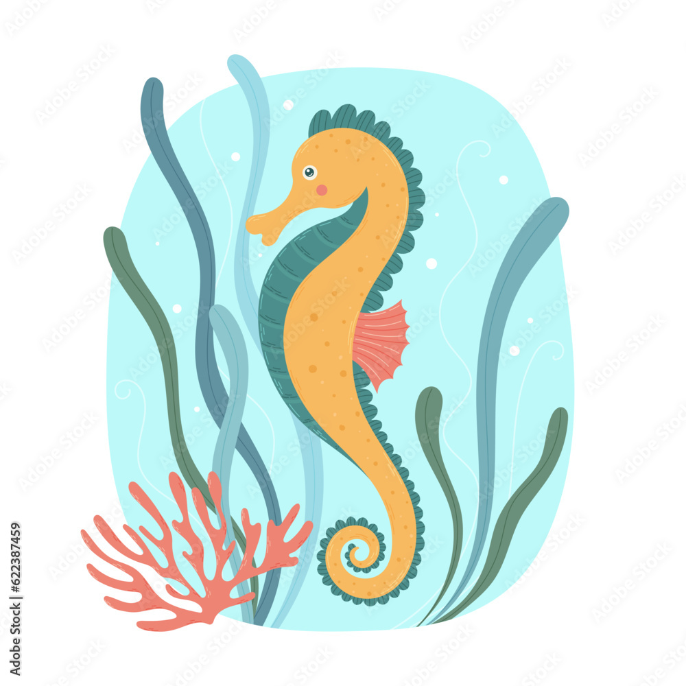 Fototapeta premium Seahorse. Sea animal. Underwater life. Perfect for children clothes design, banner, card.
