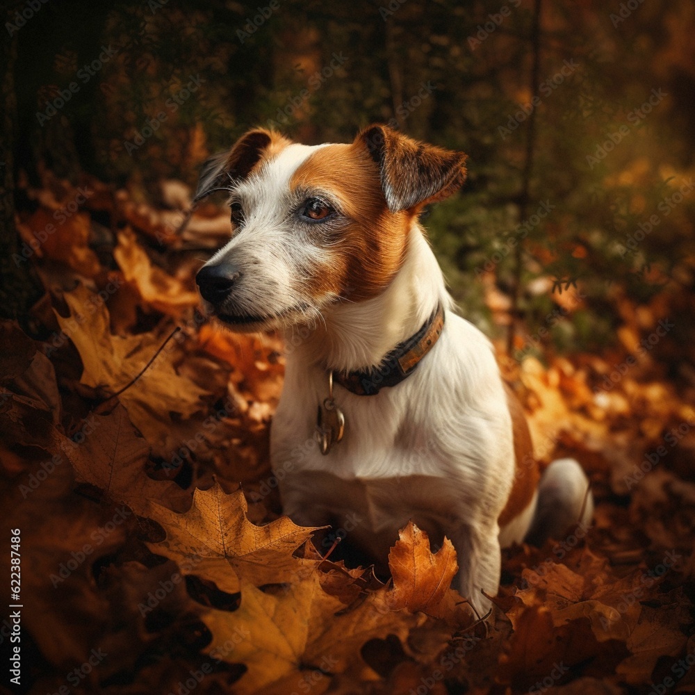 AI generated illustration of AJack Russell Terrier dog is sitting in a pile of leaves AI generated illustration of AJack Russell Terrier dog is sitting in a pile of leaves