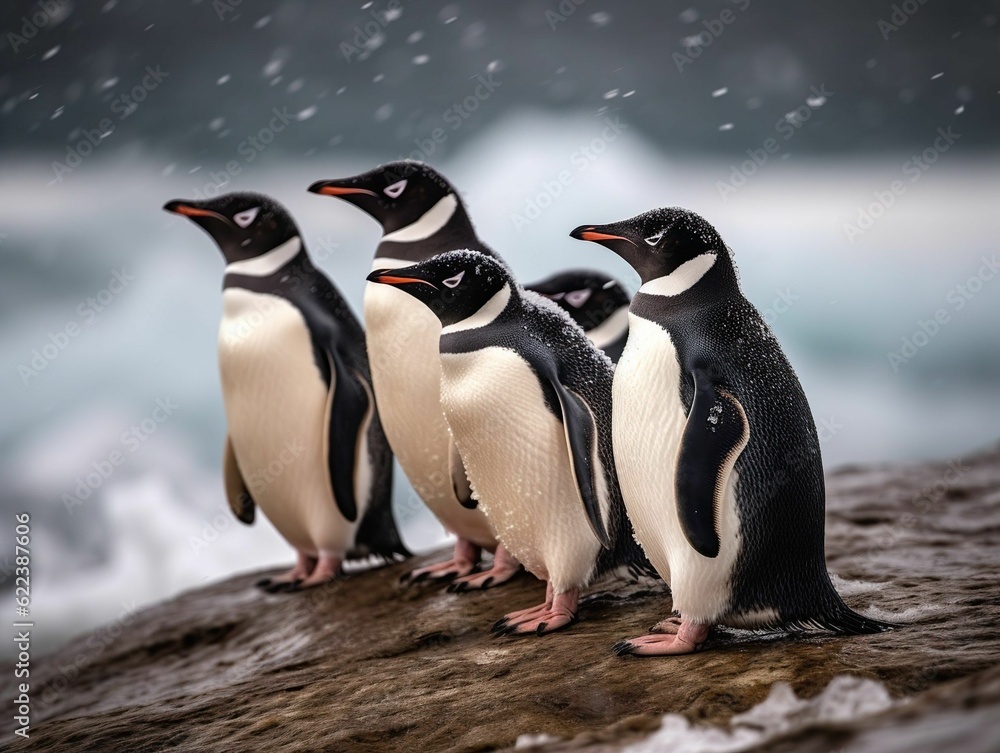 Fototapeta premium AI generated illustration of a group of Adelie penguins standing on a rocky outcrop