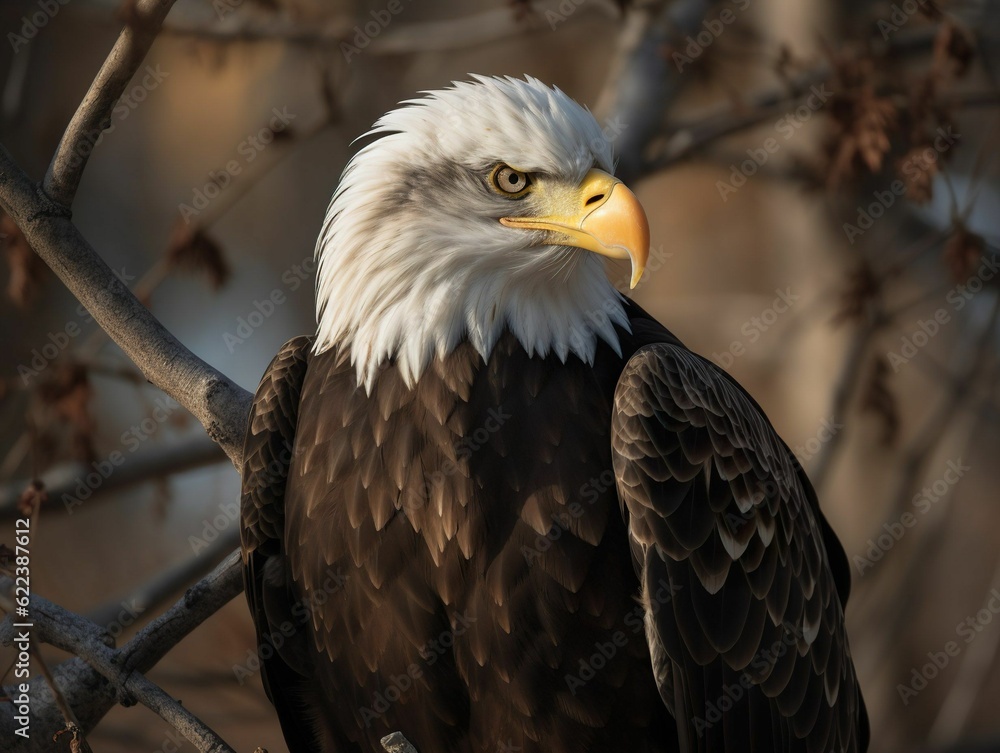 Fototapeta premium AI generated illustration of a bald eagle perched on a sturdy tree branch surrounded by foliage
