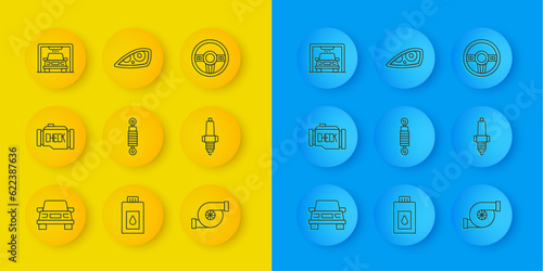 Set line Car, Check engine, Shock absorber, Automotive turbocharger, spark plug, wash, Steering wheel and headlight icon. Vector