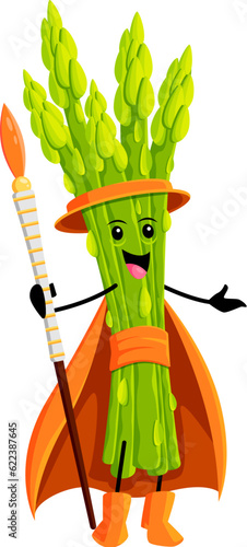 Cartoon Halloween asparagus vegetable sorcerer character. Isolated vector whimsical wizard with magic staff conjuring enchantments or spells. Green veggies wear wiz robe and hat in mystic veg kingdom