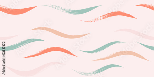 Seamless Wave Pattern, Hand drawn pink vector background. Wavy girly brush stroke, curly grunge paint lines, watercolor illustration