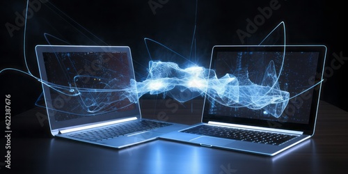two labtops connected with the cloud,  CGI Image of Two Laptops Networking with the Cloud, Creating Connections in a Space of Light Blue photo