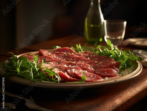AI generated illustration of a plate featuring beef carpaccio with arugula