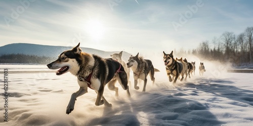 AI generated illustration of dogs running through a snowy field on a sunny day