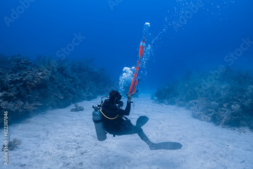 Scuba diver underwater with bubbles and looking away while throwing emergency exit signaling in deep clear sea photo