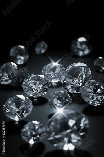 AI generated illustration of glimmering diamonds on a black surface, illuminated by a bright light
