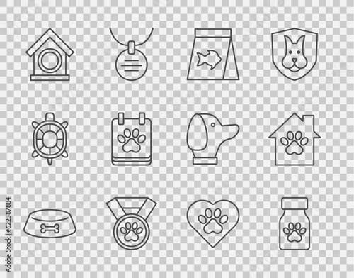 Set line Pet food bowl for cat or dog, Medicine bottle and pills, Food fish, award symbol, Dog house, Calendar grooming, Heart with animals footprint and icon. Vector