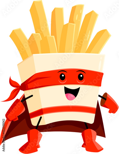 Cartoon fast food french fries superhero character. Takeaway meal hero childish character, fast food dish defender or French fries superhero isolated vector funny personage or cheerful mascot