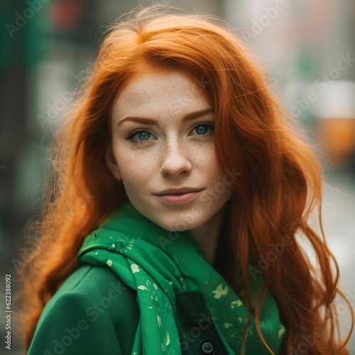 AI generated illustration of a beautiful smiling redhead woman in a vibrant green jacket