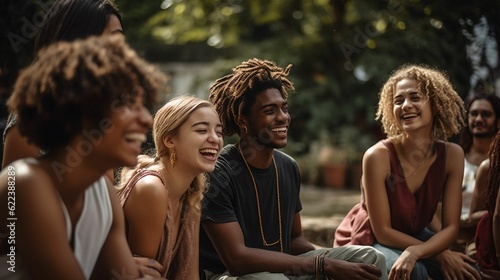 AI-generated illustration of a diverse group of young adults laughing and socializing together.