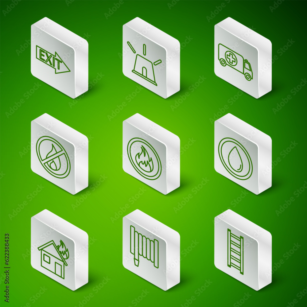 Set line Fire escape, hose reel, exit, flame, No fire, Flasher siren, in burning house and Water drop icon. Vector Set line Fire escape, hose reel, exit, flame, No fire, Flasher siren, in burning house and Water drop icon. Vector