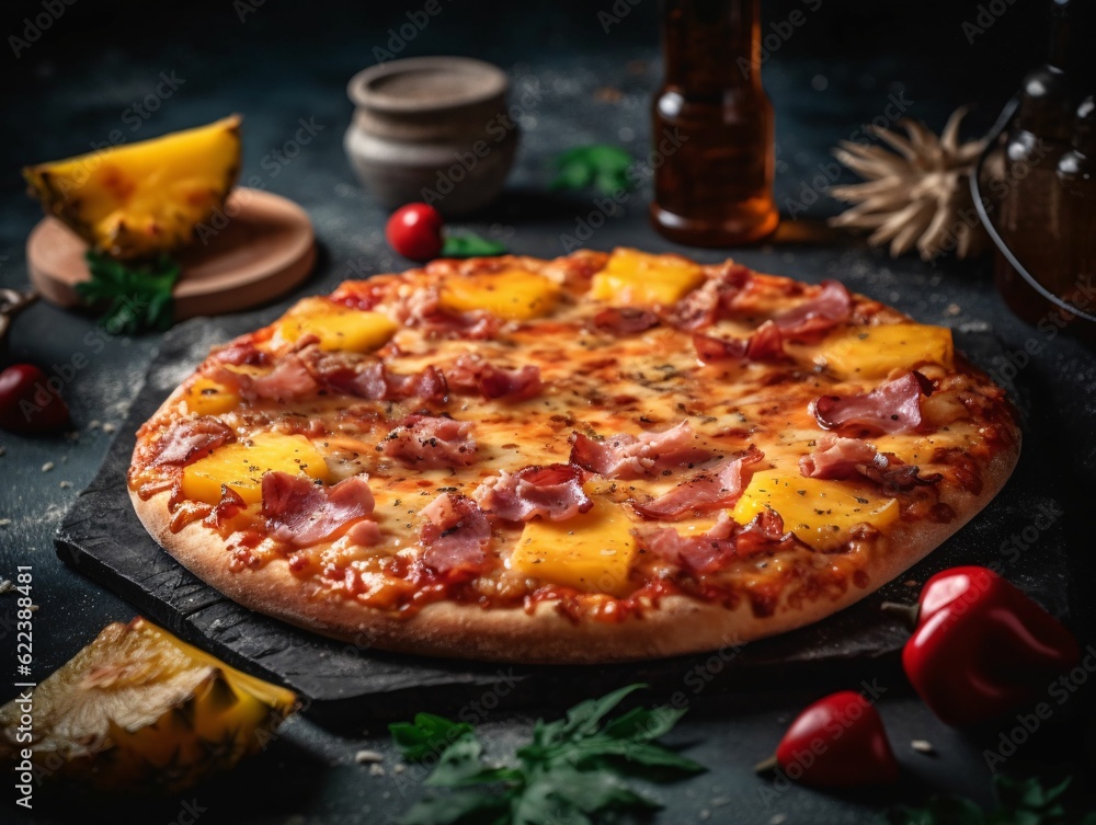 AI-generated illustration of A Hawaiian pizza with sweet and smoky pineapple, and succulent bacon