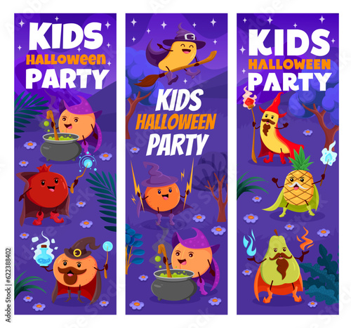 Halloween holiday kids party. Cartoon fruit wizards and mages at night forest. Vector vertical banners with peach, garnet, orange and mango. Banana, pineapple and pear warlocks wearing wiz attire