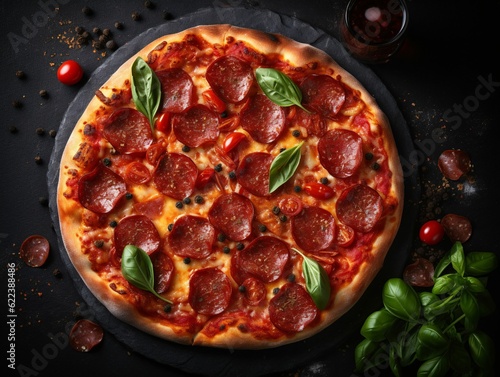 AI generated illustration of a delicious, handmade pepperoni pizza with fresh basil and tomatoes