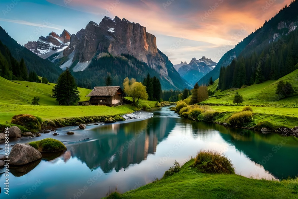 In the heart of the Swiss Alps, a picturesque landscape unfolds before your eyes. 