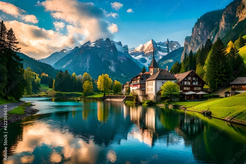 Amidst the breathtaking Swiss landscape, a river stream winds its way through a quaint village nestled at the foot of majestic mountains