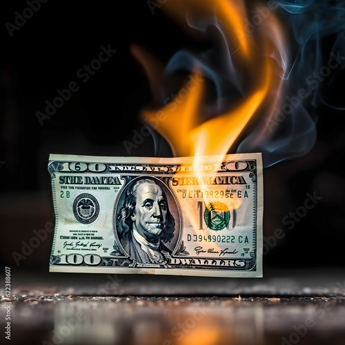 AI generated digital art of a burning dollar bill on a black background