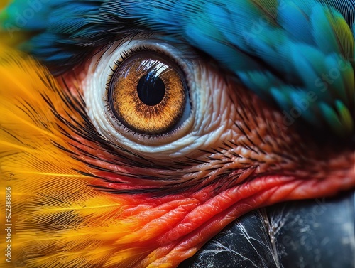 AI generated illustration of a brightly-colored parrot eye with a vivid face with vibrant feathers