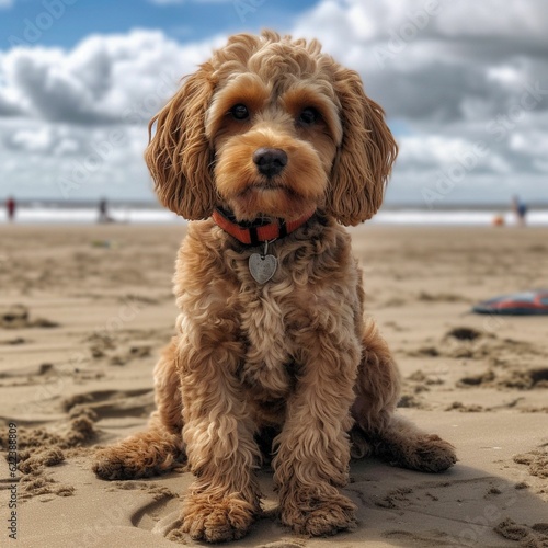 AI-generated illustration of a cute Labradoodle sitting on the sand and looking at the camera.