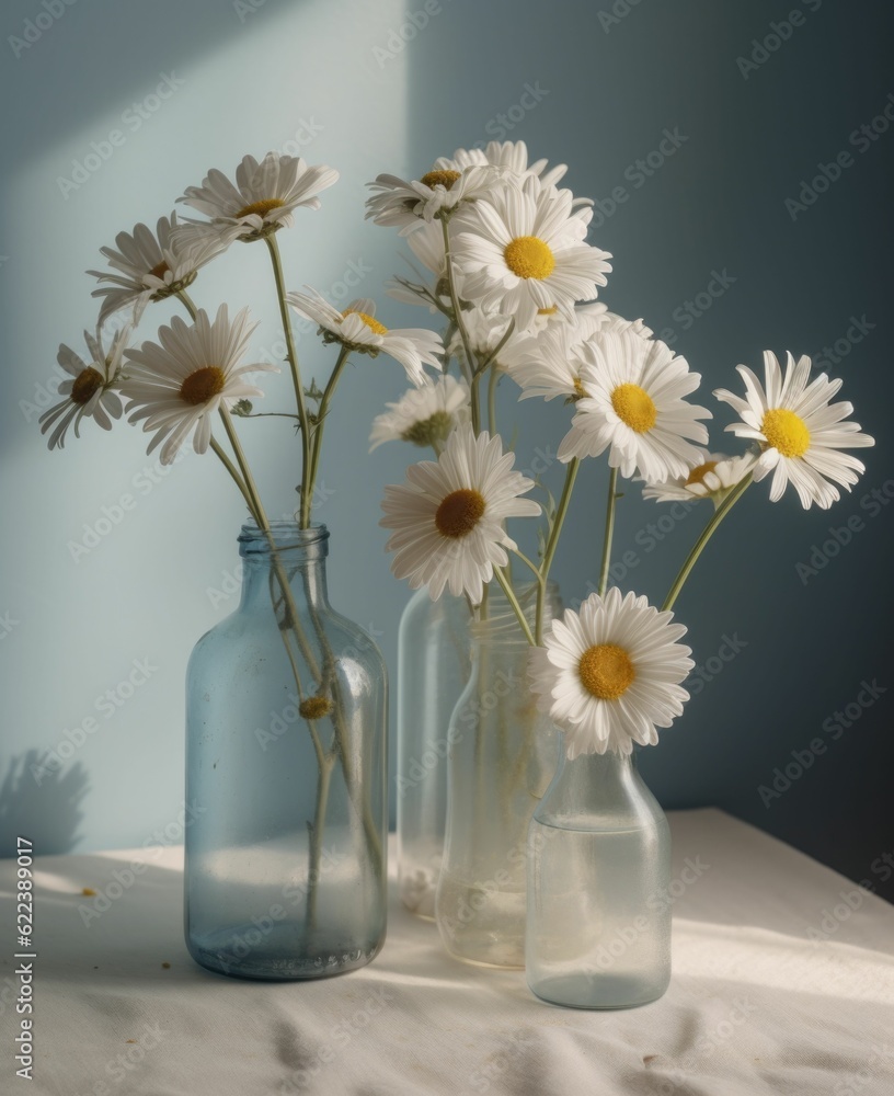 AI generated illustration of glass bottles with blooming daisies AI generated illustration of glass bottles with blooming daisies