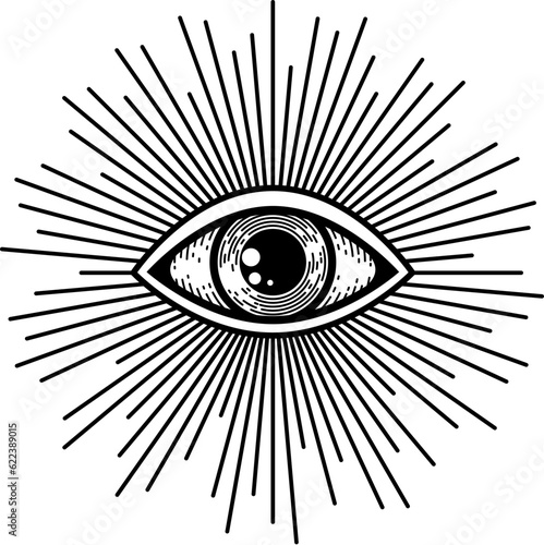 Providence illuminati evil seeing eye, witchcraft and alchemy magic symbol in sun rays. Vector doodle esoteric eye talisman, all seeing masons sign