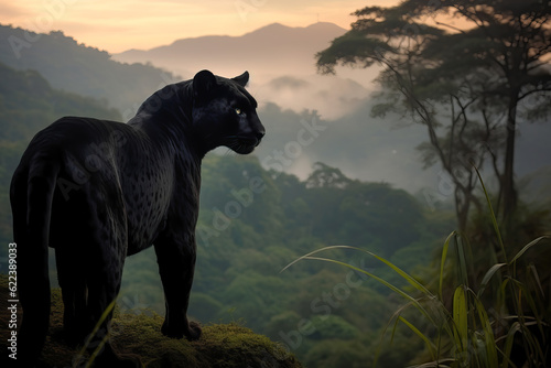 Stunning wild black jaguar in the jungle with green plants, trees and mountains in the background. Amazing wildlife. Generative Ai © Shootdiem