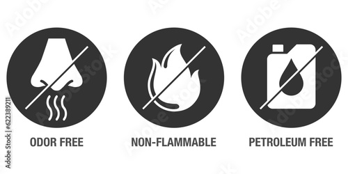Odor, Petroleum free, Non-flammable flat icons set
