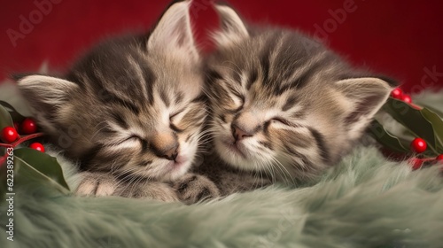 two kittens are cuddled together on a bed of green fur photo