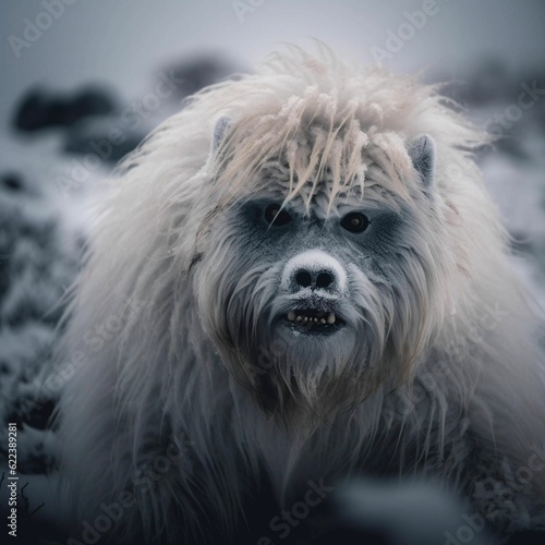 AI generated illustration of a white furry yeti in the snowy landscape