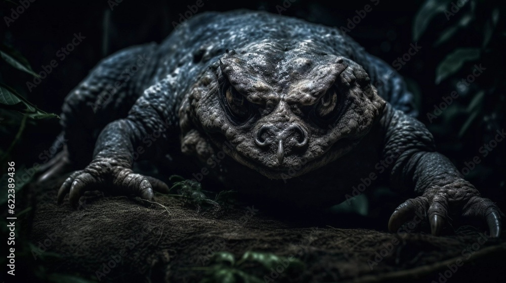 Obraz premium AI generated illustration of a large scary lizard in the dark enchanted woods