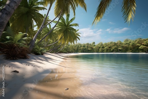 AI generated illustration of a beach with a long stretch of sand surrounded by lush green trees © Smarttrendsai/Wirestock Creators