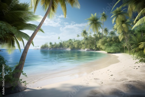AI generated illustration of a beach with a long stretch of sand surrounded by lush green trees