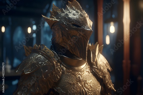 AI generated illustration of a medieval knight standing in a heroic pose wearing a gold plated armor