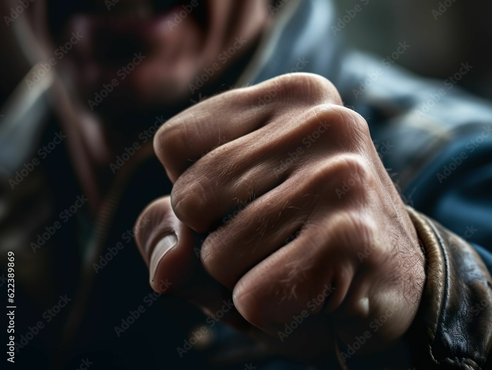 Fototapeta premium AI generated illustration of a man with a strong, muscular build demonstrating his fist