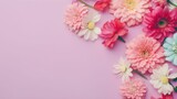 AI generated illustration of a vibrant composition of multicolored flowers on a pink background